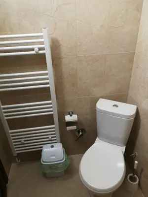 a bathroom with a white toilet and a trash can at Слънчевата къща in Kovachevitsa