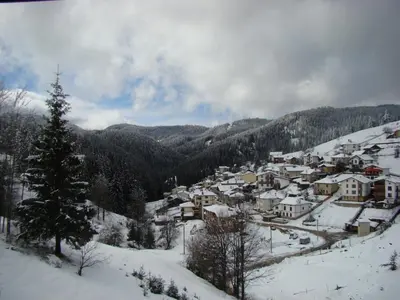 a small town in the snow on a mountain at The Poppies House in Pamporovo