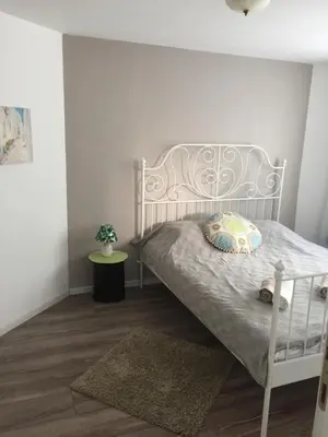 a bedroom with a white bed with a pillow and a rug at Apartment Button in downtown in Sofia