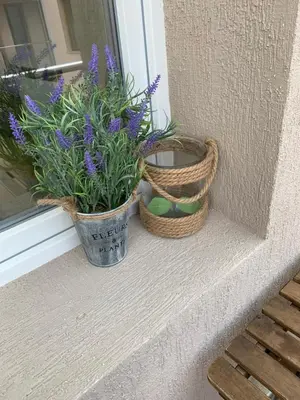 two baskets and purple flowers on a window sill at Campbell's central apartment in Sofia