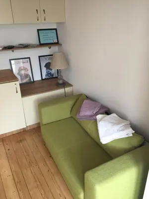 a green couch in a corner of a room at Campbell's central apartment in Sofia