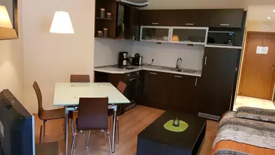 a small kitchen with a table and chairs in a room at Villa Park Studio&Double room in Borovets