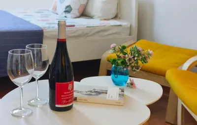 a bottle of wine and two glasses on a table at Cozy apartment in the historical center of Sofia in Sofia