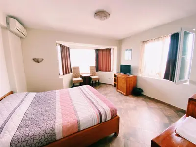 a bedroom with a bed and a desk and windows at Hotel Fancy in Sofia