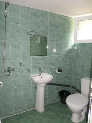 a green tiled bathroom with a toilet and a sink at Семеен Хотел 