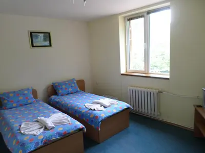 a room with two twin beds and a window at Семеен Хотел 