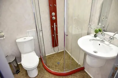 a bathroom with a shower and a toilet and a sink at NAYS in Madan