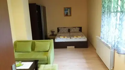 a bedroom with a bed and a green couch at Къща за гости DANI DREAM in Sapareva Banya