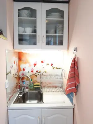 a kitchen with a sink and white cabinets at Малко oазисче in Sofia
