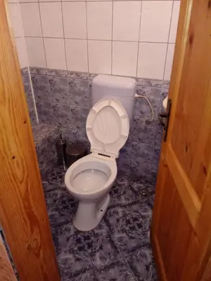 a bathroom with a toilet with the lid up at Къща за гости Жани in Zmeitsa