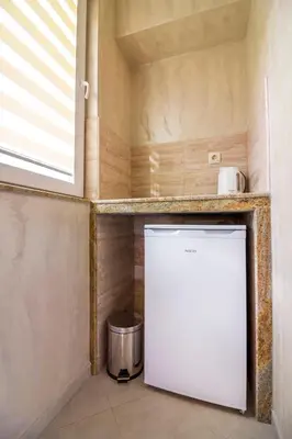 a small white refrigerator in a kitchen with a window at Trite Bora Guest House in Narechenski Bani