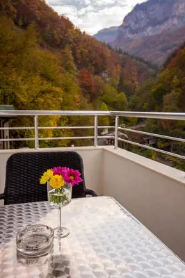 a table with a vase of flowers on a balcony at Trite Bora Guest House in Narechenski Bani