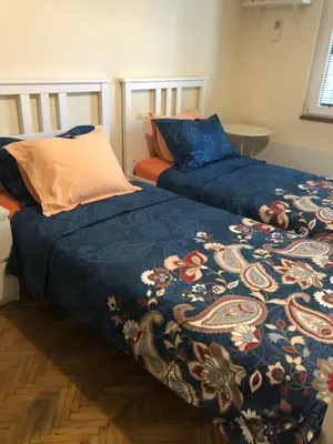 a bedroom with two beds with a blue comforter at ViITOSHKA Apartment in Sofia