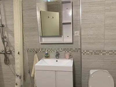 a bathroom with a sink and a mirror and a toilet at ViITOSHKA Apartment in Sofia