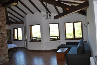 a living room with a couch and some windows at Хотел Планински кът in Dorkovo