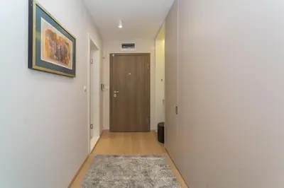 a hallway with a brown door and a rug at Plovdiv City Center Kapana with garage in Plovdiv