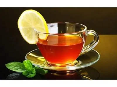 a cup of tea with a lemon on a table at Studios -Villa Park SV in Borovets