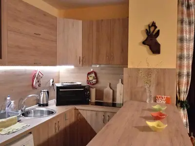 a kitchen with a sink and a wooden counter top at Апартамент Allegri Padrini Комплекс Вели Хилс in Velingrad