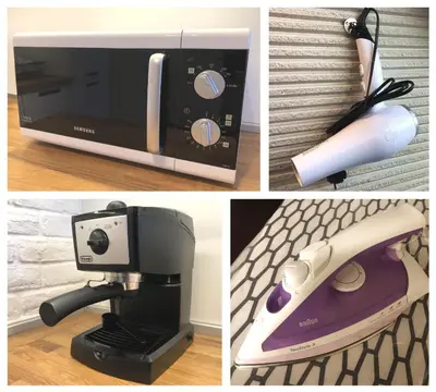 four different pictures of a coffee maker and a microwave at Unique Luxurious Jacuzzi PENTHOUSE DUPLEX in City Center! 2 BATHS! FREE PARKING! in Sofia