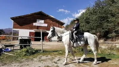 a young child riding on a white horse at Rusaliite Adventure House in Bachevo