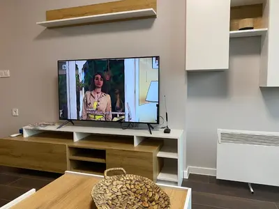 a living room with a flat screen tv on a wall at Apartment The Orchid in Sofia