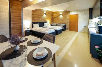 a kitchen and a living room with a dining room at Family Hotel Gotse Delchev in Gotse Delchev