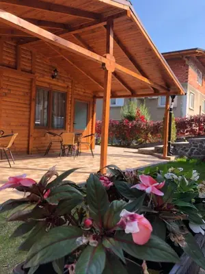 a wooden cabin with a patio with pink flowers at Vila Rila in Sapareva Banya