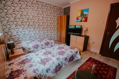 a hotel room with two beds and a television at Dimitrovi Rooms in Sofia