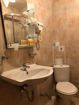 a bathroom with a sink and a toilet and a mirror at Apartment 507 The Castle 1 in Pamporovo