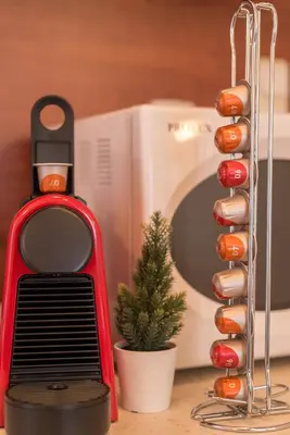 a red heater next to a plant and a microwave at Charming Ski Apartments Near Gondola & Bar Street, Cedar Lodge 1 Complex in Bansko