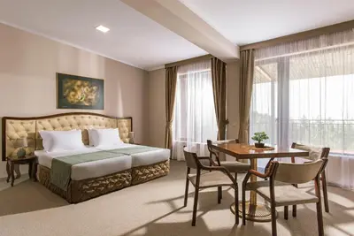 a hotel room with a bed and a table and chairs at Hotel Villa Magus in Kladnitsa