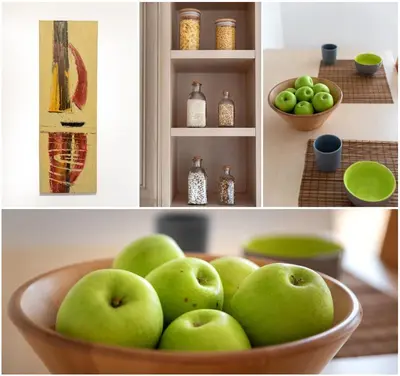 two pictures of a bowl of green apples at Studio Talisman II in Sofia
