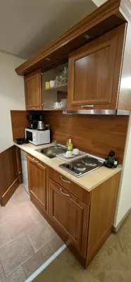 a kitchen with wooden cabinets and a sink at Lucy's Apartments Emerald in Bansko