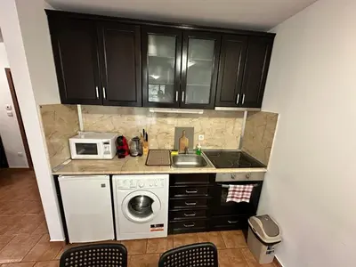 a small kitchen with a sink and a microwave at Private apartment in Prespa in Bansko