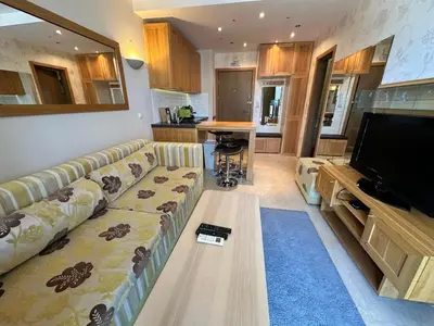 a living room with a couch and a television at Luxury apartments in St. John Park in Bansko