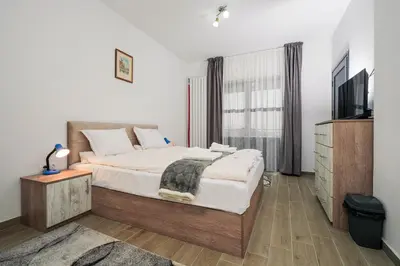 a bedroom with a large bed and a television at Къща за гости Елица in Starchevo