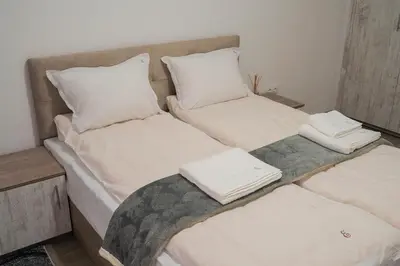two beds in a room with white sheets and pillows at Къща за гости Елица in Starchevo