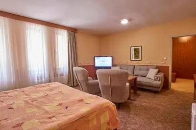 a hotel room with a bed and a living room at Хотел 
