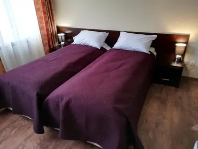 two beds with purple blankets and pillows in a bedroom at Iglika 2, A6 in Borovets