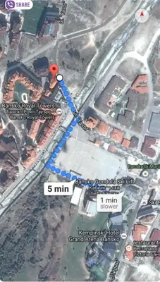 a map of a city with a red dot at BanskoSuperSki in Bansko