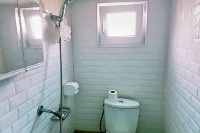 a white bathroom with a toilet and a window at Нouse with cute little yard in Plovdiv