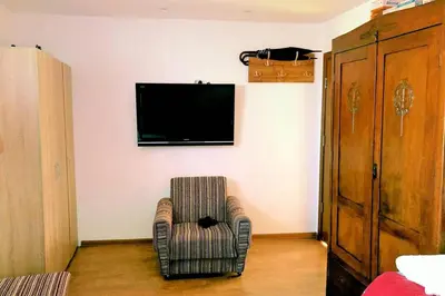 a living room with a chair and a television on a wall at Нouse with cute little yard in Plovdiv