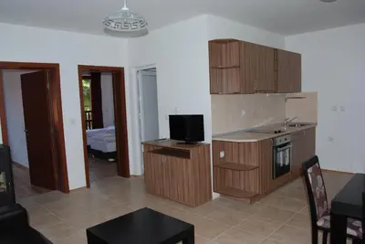 a kitchen with wooden cabinets and a tv in it at Vidima Apartment Hotel in Apriltsi