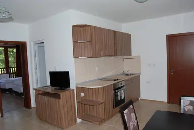 a kitchen with wooden cabinets and a tv in it at Vidima Apartment Hotel in Apriltsi