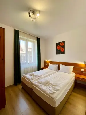 a bedroom with a large white bed in front of a window at Edelweiss Central Hotel in Bansko