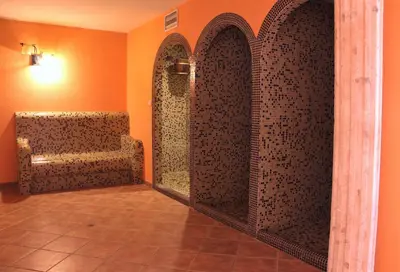 a room with a shower with a wall of glass at Park Hotel Panorama in Bansko