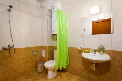 a bathroom with a sink and a toilet and a shower at Green Lime Studio in Bansko