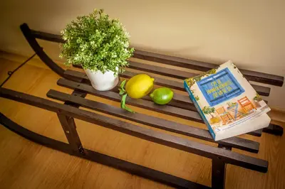 a bench with a plant and a book and a lemon at Green Lime Studio in Bansko