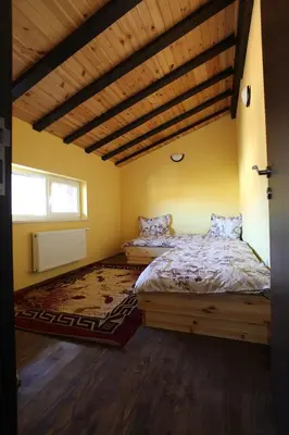 a bedroom with two beds and a wooden ceiling at Ashkova House in Govedartsi