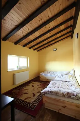 a bedroom with two beds and a wooden ceiling at Ashkova House in Govedartsi